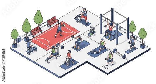 Outdoor Fitness Gym with Basketball Court.