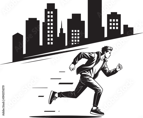Young man running fast through city street with skyscrapers background in dynamic posture