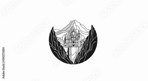 Ornate structure perched on cliff, framed by mountains and dark rocks