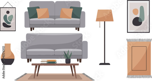 Modern living room furniture and decor, neutral tones, abstract art