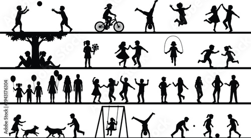 Children playing silhouettes collection kids activities jumping cycling reading swing playground fun childhood lifestyle isolated black vector illustration set