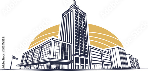 A stylized cityscape in a clean, minimal design features a towering skyscraper as the central focus, complemented by a sleek architecture, showcasing urban elegance.