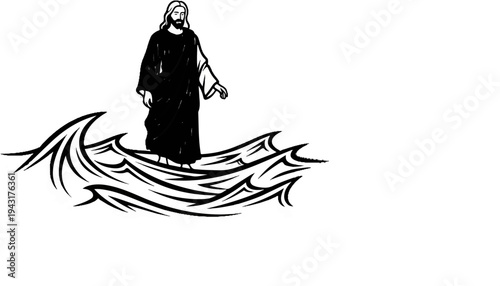 Man in dark robe walking on stylized ocean waves
