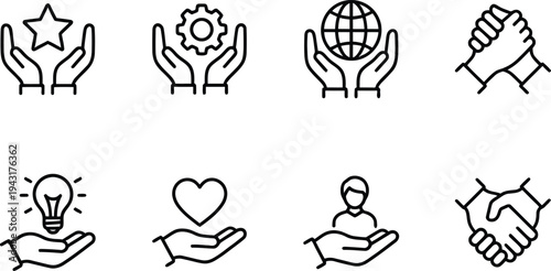 A set of hand icons representing various concepts and ideas