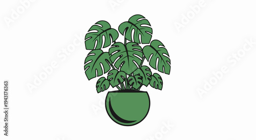 A green potted plant with large, split leaves in a rounded pot