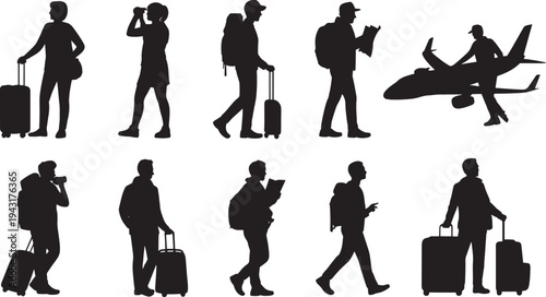 Silhouettes of people with luggage and travel activities in black and white suitcase