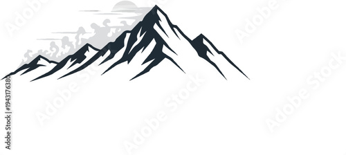 Jagged, dark mountain peaks against a grey, cloudy sky with sun