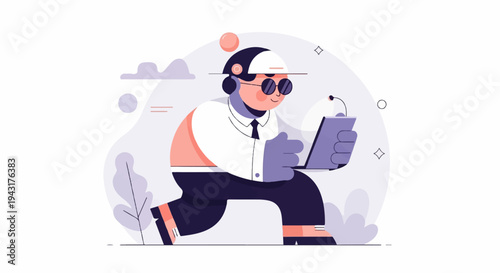 A person in a white shirt, dark pants, and a helmet wearing headphones, walking with a tablet and microphone