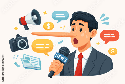 Vector Illustration of a News Anchor with a Long Liar Nose Representing Fake News, Media Manipulation, and Misinformation, Featuring Icons of Megaphone, Camera, Money, and News Reports.