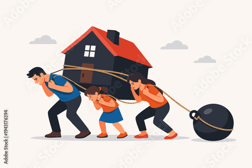Family Struggling to Carry a Heavy House and Debt Ball, Flat Vector Illustration of Mortgage Burden, Financial Stress, Housing Crisis, and Economic Pressure for Young Families and Homeowners.