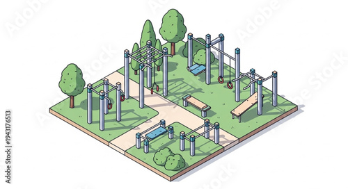 Outdoor Fitness Park with Equipment.