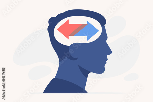 Cognitive Dissonance Concept Vector Illustration with a Man's Silhouette and Two Arrows Pointing in Opposite Directions Inside the Mind, Symbolizing Conflicting Thoughts and Difficult Decisions.