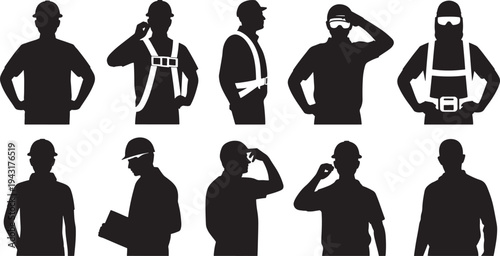 Silhouettes of workers in different poses and attire on white background construction
