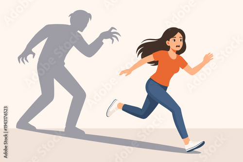 Scared young woman running away from a menacing shadow of a man with clawed hands, concept of fear, stalking, harassment, and danger, simple flat vector illustration for social awareness campaign.