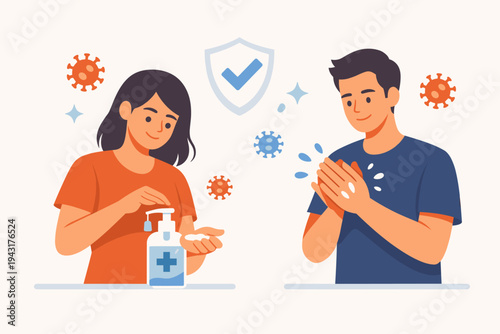Flat vector illustration of a man and woman using hand sanitizer to prevent coronavirus infection. People washing hands with alcohol gel for hygiene and protection against germs and bacteria.