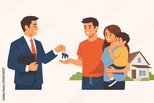 Professional Real Estate Agent Handing Over New House Keys to a Happy Young Family with a Child in Front of Their New Home, Flat Vector Illustration for Property Sale, Mortgage and Housing Concept