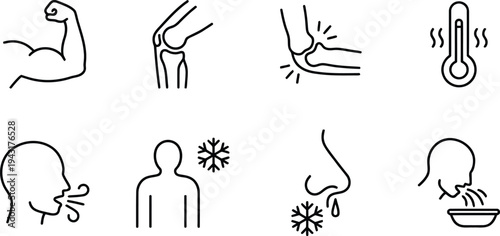 A collection of black line icons depicting various symptoms of illness and health