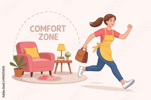 Vector illustration of a woman housewife running away from her comfort zone, leaving a cozy living room with an armchair and lamp to embrace change, personal growth, and new career challenges.
