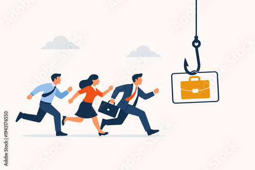 Business People Running to Catch a Job Opportunity on a Fish Hook Bait. Flat Vector Illustration of Professionals Competing for Employment, Career Trap, Recruitment and Hiring Concept.