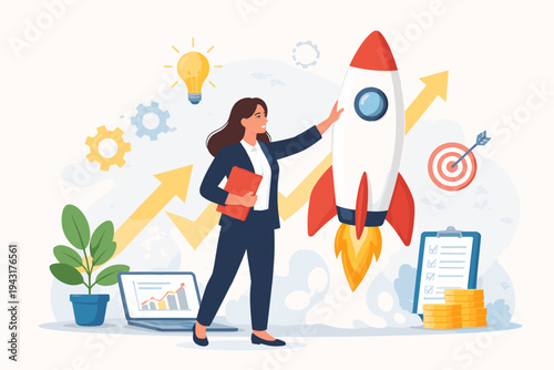 Ambitious businesswoman launching a rocket ship representing a new startup project. Flat vector illustration of female entrepreneur with lightbulb idea, growth arrows, target, and business goals.