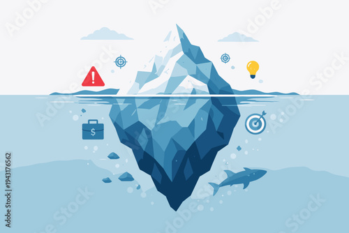 Flat vector illustration of an iceberg as a business metaphor for hidden risk and challenges. Above water are ideas and goals; below are financial threats, targets, and a shark silhouette.