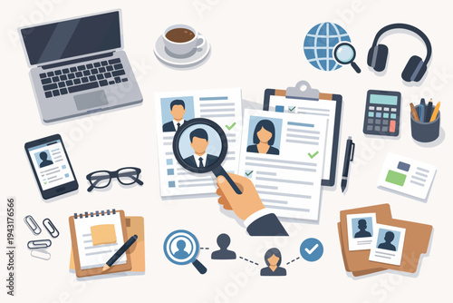 Top View Vector Illustration of a Recruitment Agency Workplace with HR Professional Reviewing Resumes and CVs to Find the Best Candidate for a Job Opening in a Modern Office Environment