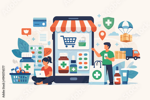 Online Pharmacy and Healthcare E-commerce Concept Illustration with People Ordering Medicine via Smartphone App, Medical Supplies, Prescription Drugs, Fast Delivery Service, and Digital Payment