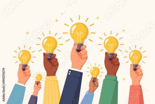 Diverse Hands Holding Glowing Lightbulbs Representing Creative Ideas, Innovation, and Teamwork. Flat Vector Illustration of People Collaborating for Brainstorming, Success, and Inspiration.
