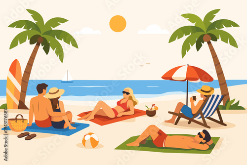Flat Vector Illustration of People and Tourists Relaxing on a Tropical Sandy Beach by the Blue Ocean Under Palm Trees, Sunbathing on Towels, Enjoying Summer Vacation with Surfboard and Umbrella.