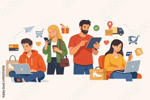 Diverse group of casual people using laptops, smartphones, and tablets for online shopping, making digital payments with credit cards, and tracking deliveries in a modern flat vector illustration.