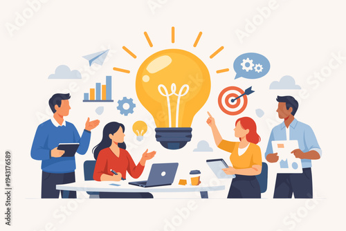 Diverse business team collaborating on creative ideas around a giant glowing light bulb, representing innovation, brainstorming, strategic planning, and teamwork in a flat vector illustration.