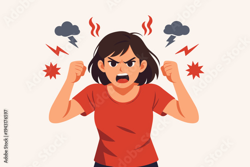 Vector illustration of an angry woman feeling frustrated and furious, shouting with clenched fists and symbols of rage like lightning and storm clouds, flat design character expressing anger.