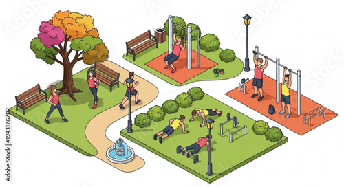 Outdoor Fitness Park with People Exercising.