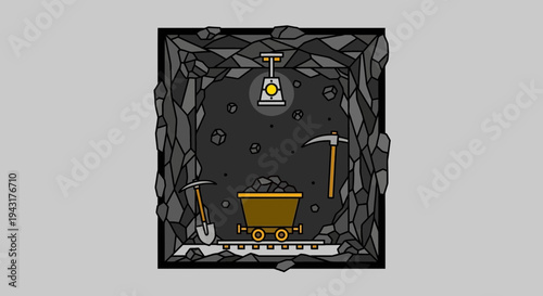 Mining Cart Full of Coal in Dark Mine Shaft.
