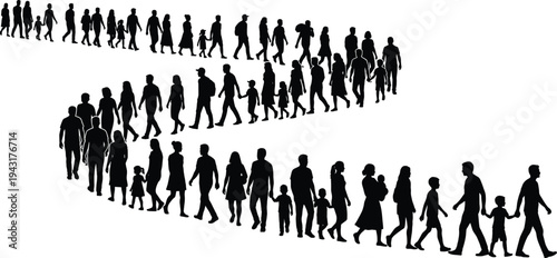 People walking silhouettes crowd collection men women and children pedestrian movement lifestyle activity set isolated black vector illustration