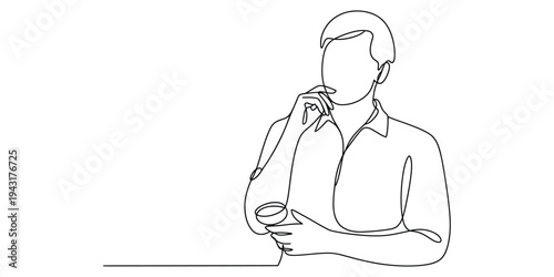 Minimalist One Line Art Illustration of a Thinking Person with Coffee