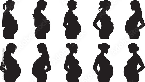 Ten black silhouette profiles of pregnant women in various poses