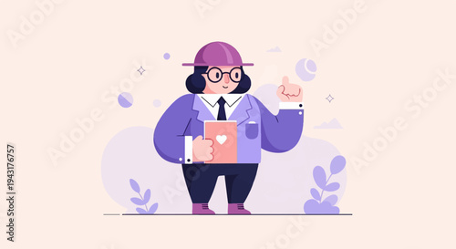 A person in purple suit, hat, glasses, holds a book and gives a thumbs up