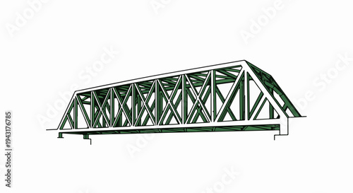 Green metal truss bridge structure on white background