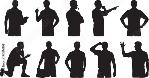 Ten black silhouettes of men in various poses and activities