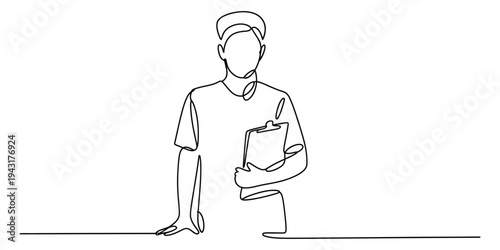 Minimalist One Line Art of Medical Professional Holding Clipboard