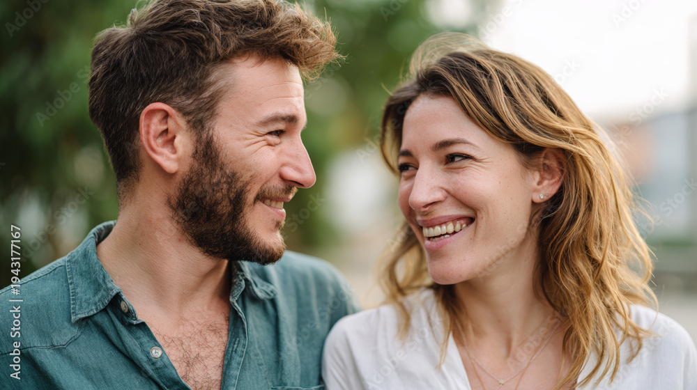 Fototapeta premium Couple smiling while talking together in outdoor park