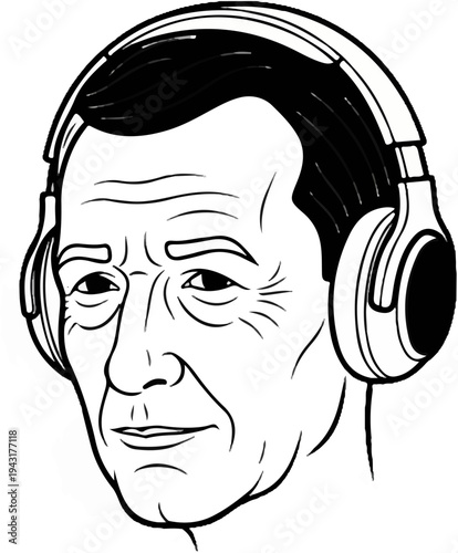 Detailed black and white sketch of a mature man wearing headphones