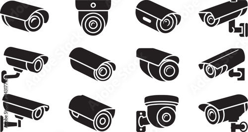 Twelve Different Types of Black and White Security Cameras in a Grid Layout surveillance