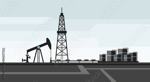 Oil drilling rig and pumpjack with industrial buildings.
