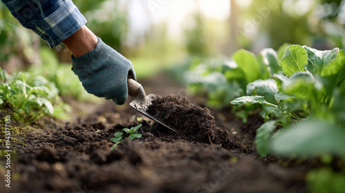 Gardener hand digging soil with trowel in vegetable bed