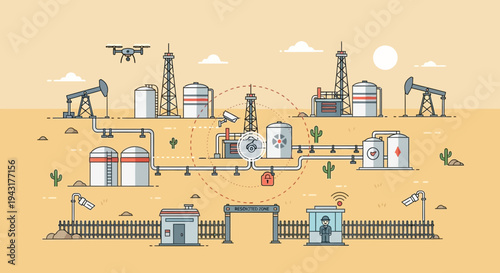 Oil Extraction and Processing Facility in Desert Landscape.
