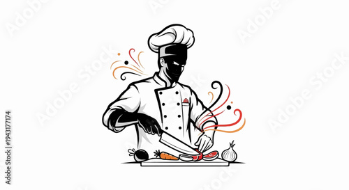 Chef slicing vegetables and meat with steam rising