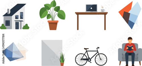 House, plant, desk with laptop, geometric shapes, bicycle, and man reading