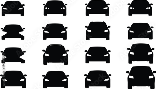 Car silhouettes front view collection, automotive design variations, vehicle identification grid, headlights mirrors roof contours, open hood cars comparison illustration